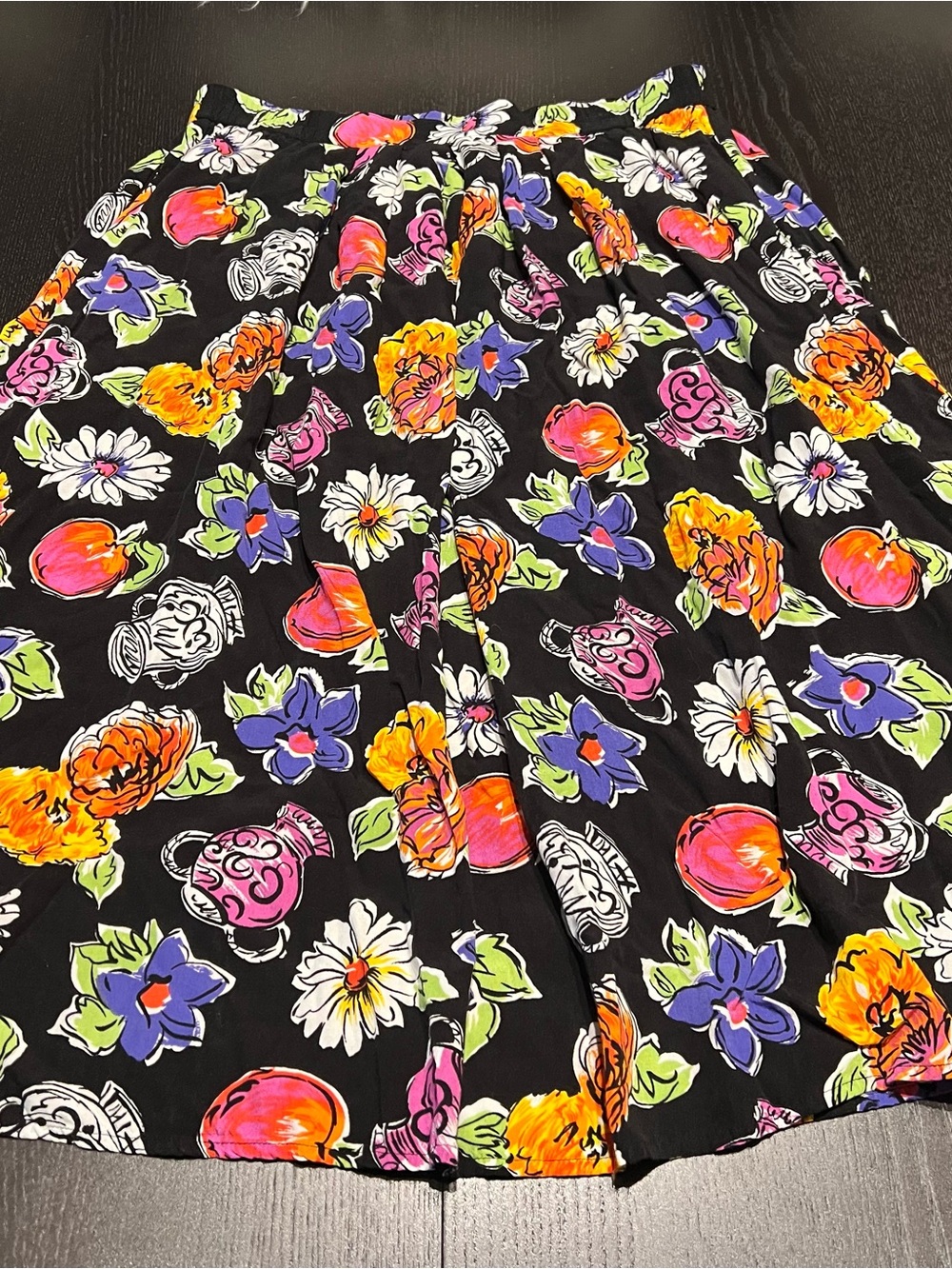 Vintage Black Circle Skirt with Bright Floral Print